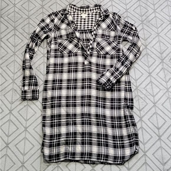 J Crew XXS Black & White Plaid Flannel Casual Dressy Chic Button Up Dress Tunic - Picture 1 of 6